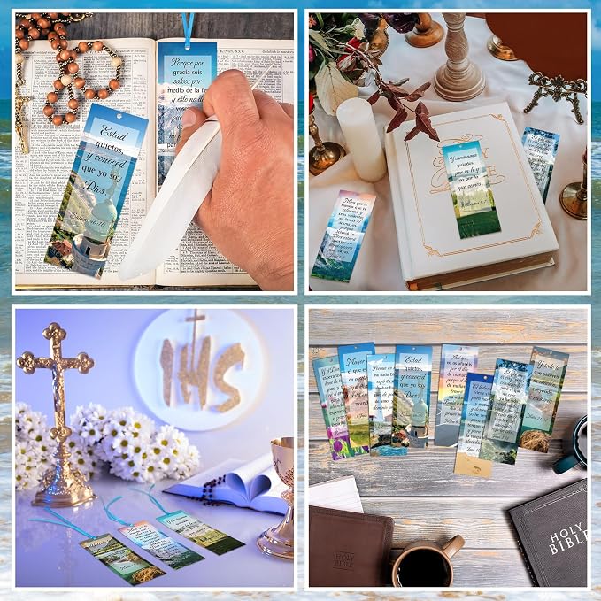 Yaomiao 128 Pcs Spanish Bible Verse Bookmarks Natural Scenery Landscape Christian Scripture Bookmark with Ribbon Inspirational Book Page Markers for Book Lovers Church Prayer Religious Gifts