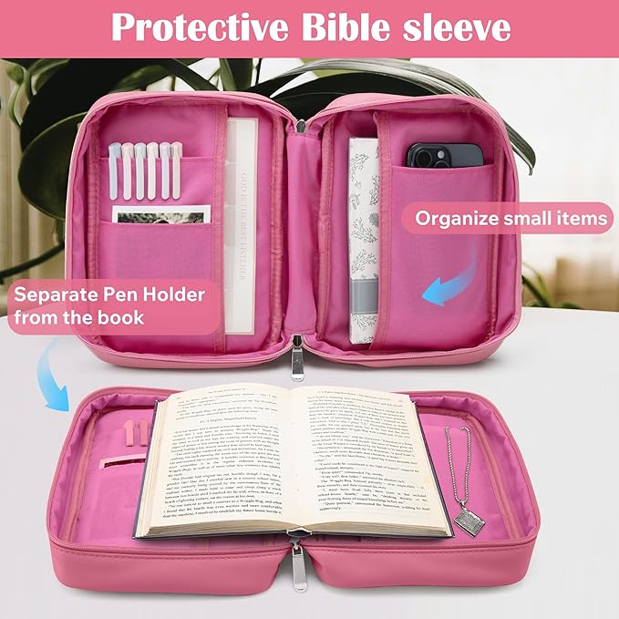 Small Bible Cover Case for Women and Men, 9x6 PU Leather Bible Sleeve, Compact Travel Bible Carrier Bag with Front Pen Holders, Zipper Closure, Inner Pockets - Hot Pink