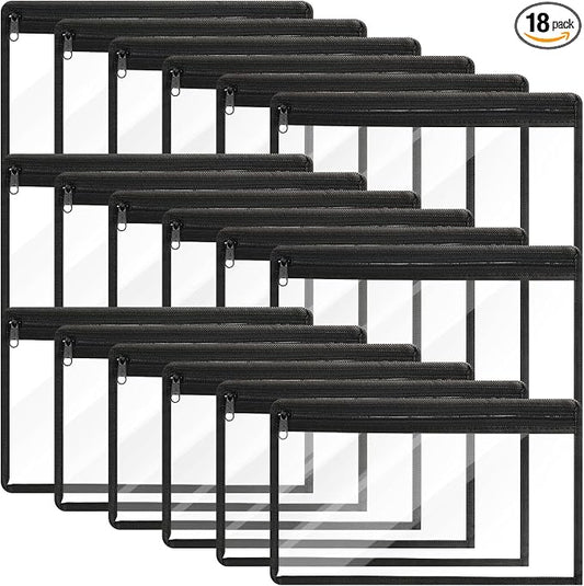 Ireer 18 Pcs Clear Zipper Pouches PVC Waterproof Pouch Bags Transparent Zipper Pouch Clear Storage Bags Multipurpose for Organizing Travel Cosmetics Document File (Black,11.5 x 7 Inch)