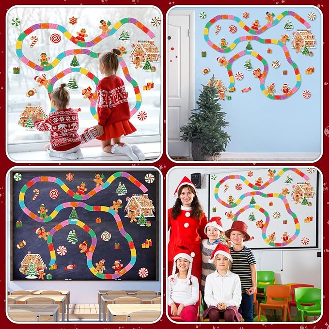 Christmas Bulletin Board Set Gingerbread Man Classroom Decorations - Candy Track Gingerbread House Xmas Tree Cookie and Gift Box Cutouts for Home Wall Door Decor Office Holiday Display