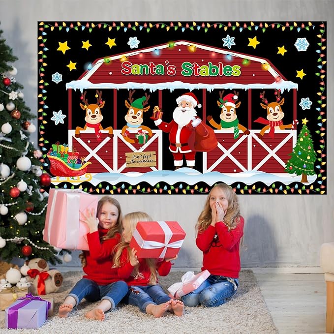 Geyoga Christmas Bulletin Board Decorations Set Santa's Stable Reindeer Christmas Winter Classroom Decorations Door Wall Holiday Light Bulb Elk Bulletin Boards Cutouts Borders School Office Supplies