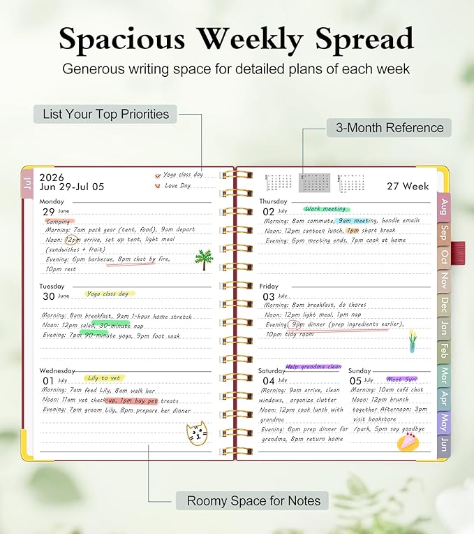 Academic Planner 2026-2027, Hardcover Weekly and Monthly Calendar Planner from July 2026 - June 2027, Daily Agenda Planners with Tabs, College School Organizer for Student Teacher, A5 (6.1" x 8.2"), Red