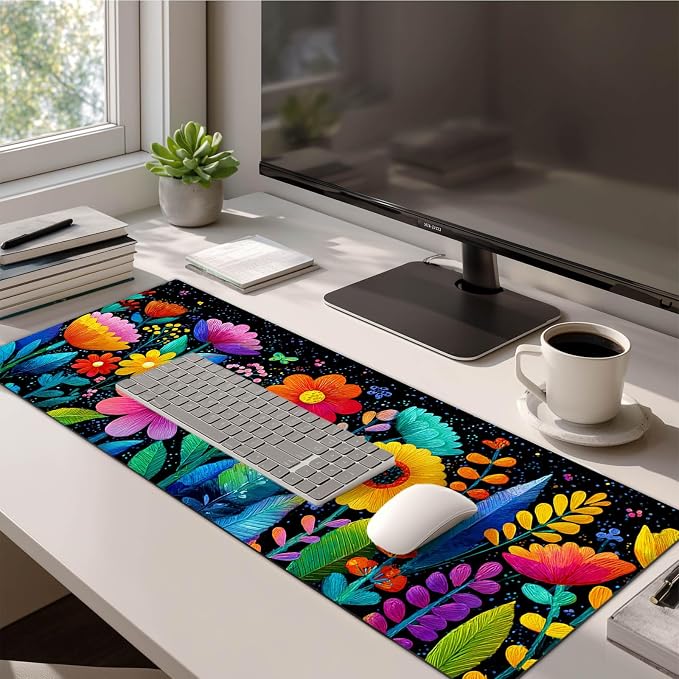HOMETITUTE Large Mouse Pad 31.5 x 11.8 Inch Colorful Floral Desk Mat Extended Keyboard Mousepad Non Slip Waterproof Desk Pad Vibrant Flowers Design for Office Home Gaming