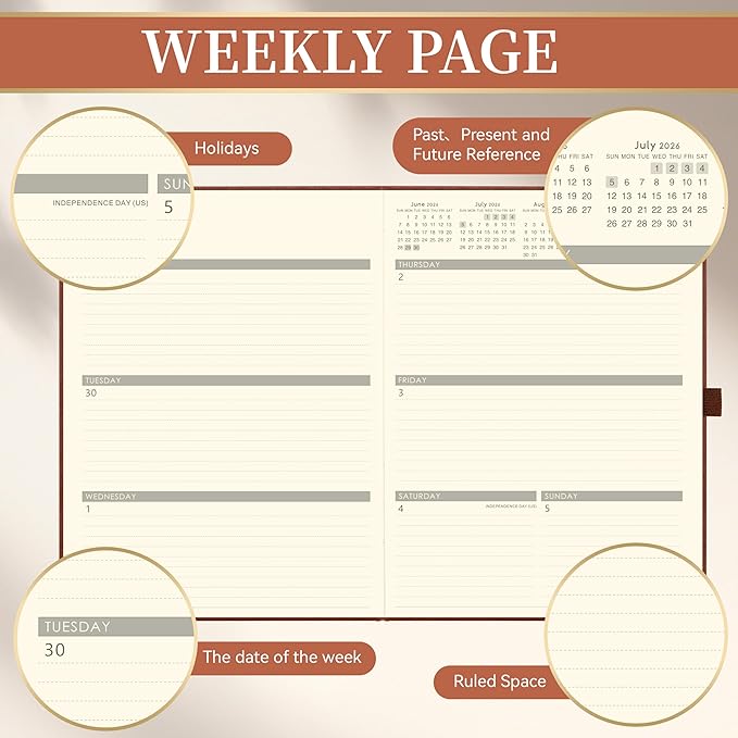 2026-2027 Planner - Academic Planner 2026-2027, July 2026 - June 2027, 9" x 11", Leather Planner Large, Monthly Weekly Planner with Pen Holder + Elastic Closure + Leather Hardcover + Bookmarks - Brown