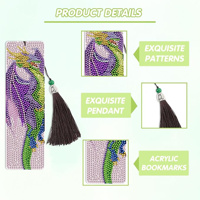 6 Pcs Dragon Diamond Art Bookmarks with Tassels, DIY Diamond Painting Bookmarks Kit for Adults Beginners and Kids, Fantasy Dragon Bookmark Making Kit with Pen Wax Tray Tools