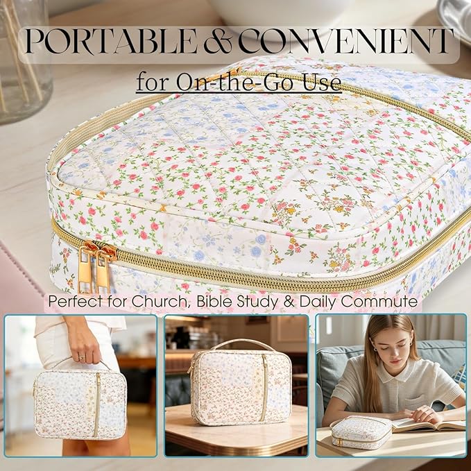Bible Cover Case for Women Girls: Christian Mothers Day Gifts for Mom Large Quilted Bible Bag with Multi Pockets 26Pcs Study Supplies Journaling Kit, Floral Print Durable Book Carrying Organizer