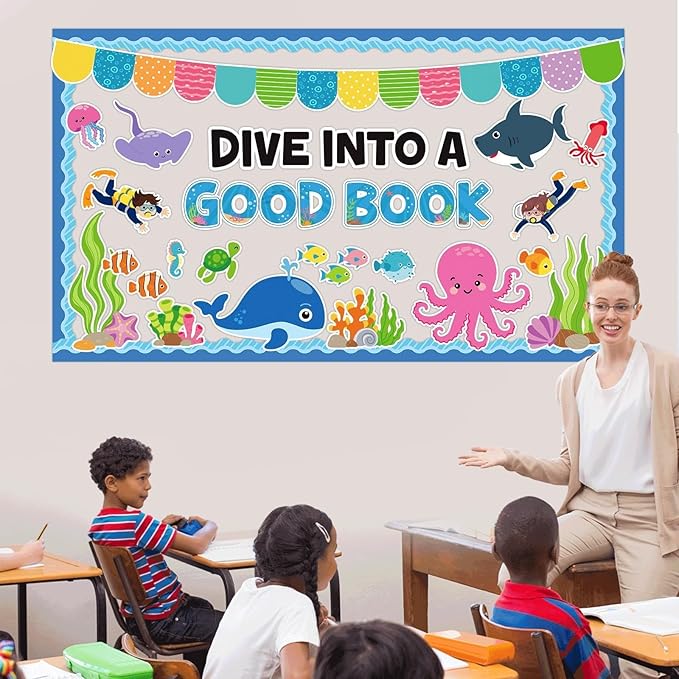 Summer Sea Animal Bulletin Board Decorations Dive into a Good Book Reading Summer Ocean Theme Classroom Back to School Bulletin Board Border Set Ocean Under the Sea Paper Cutouts for School Home Decor