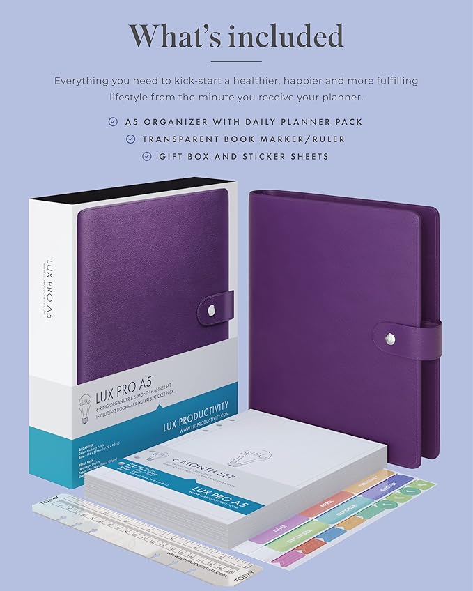 LUX PRO A5 - Daily Planner & appointment diary 2024 - Gratitude journal, wellness journal & Undated weekly planners and organisers - Desk journals for women & men - LUX Productivity (Purple Mulberry)