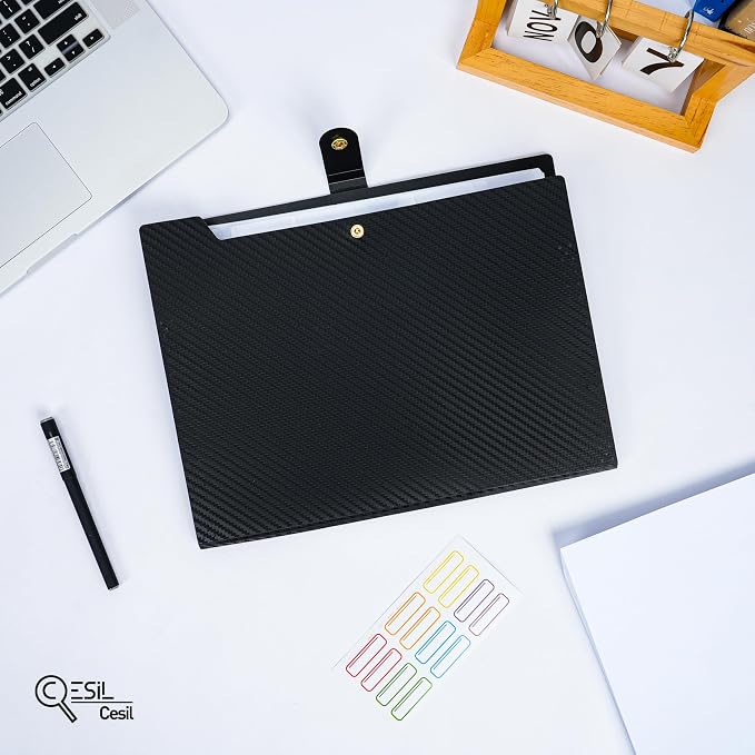 Expanding File Folder 7 Pocket Letter Size Accordion File Organizer with Labels Portable Document Paper Bill Receipt Organizer for School Office Supplies, A4 Size, Black