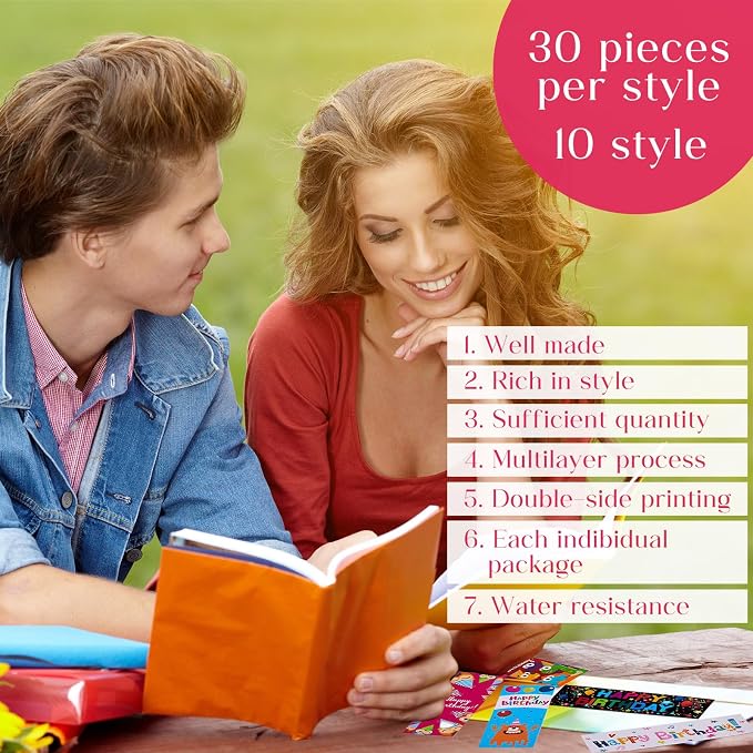 Tenare 300 Pieces Happy Birthday Bookmarks Laminated Imaginative Colors and Patterns for Students Classroom Stationery Supplies