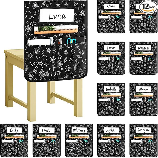 gisgfim 12 Pcs Cute Chair Pockets for Classroom 16.7 x 19.3 Inch Starry Sky Star Theme Cover with Name Tag Chairback Organizer Pouch for Elementary School Daycare Supply