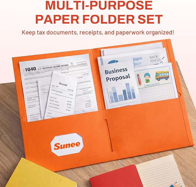 SUNEE Two Pocket Folders, 50 Pack File Folders with Business Card Slot, Textured Paper, Fit Letter Size Paper, Paper File Folder for School Office Home Business, Orange