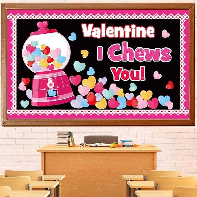 Valentine's Day Gumball Machine Bulletin Board Set, Valentines Day Bubble Gumballs Bulletin Board Classroom Decorations Colorful Heart Cutouts Home Wall Party Decor for Teacher(Valentine I Chews You)