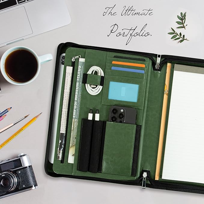 Calfinder Portfolio Folder with Zipper,Leather Padfolios for Women&Men,Professional Portfolio Binder with A4 Writing Pad Holder, Business Organizer for Resume/Interview