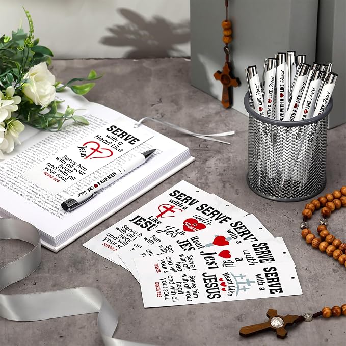 Dispowreath 24 Pcs/ 12 Sets Serve with a Heart Like Jesus Bookmarks with Christian Pen Include 12 Christian Joshua 22: 5 Bookmarks 12 Jesus Pens for Religious Church Volunteers Prizes Party Favors