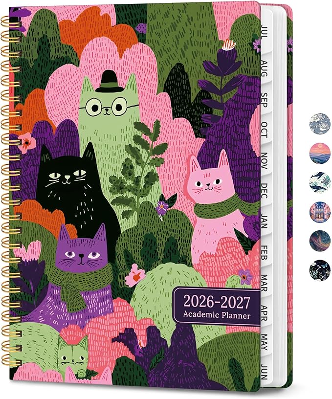 2026–2027 Academic Planner, Weekly and Monthly Planner for Women, July 2026 - June 2027, Pretty Hardcover 2026–2027 Academic Planner with Tabs, Inner Pocket, Spiral Bound, Perfect Office Home School Supplies - 6.3" x 8.5", Feline Grove