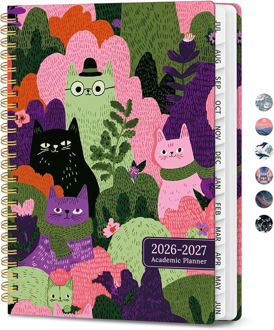Planner 2026-2027, Monthly and Weekly Academic Planner July 2026 - June 2027, Hardcover Student Teacher Planning Agenda Calendar Book with Tabs, Perfect for Office School Supplies, A5 (6.3" x 8.5") - Feline Grove