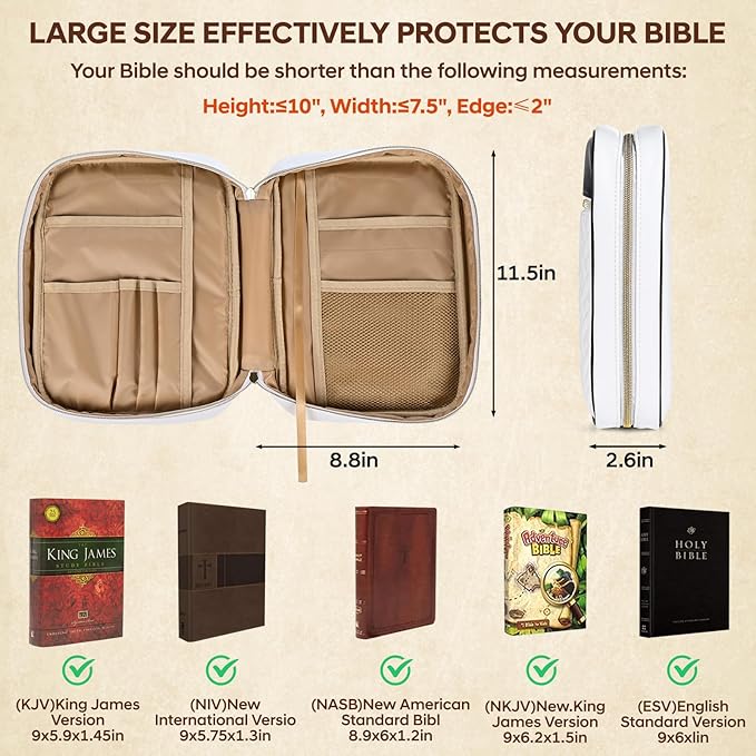 Bible Cover Case for Women, Quilted Large PU Leather Bible Carrying Book Case with Handle, Bible Bag Study Supplies Bible Carrier & Christian Gift for Women (Black and White)
