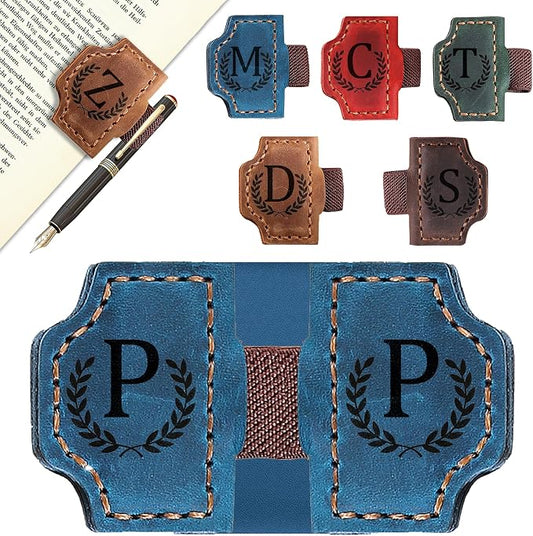 Custom Magnetic Bookmarks with Pen Holder, Personalized 26 Letters Name Initial Leather Bookmark, Leather Book Mark for Men Women Teachers, Readers Book Lovers Gifts (Blue, P)