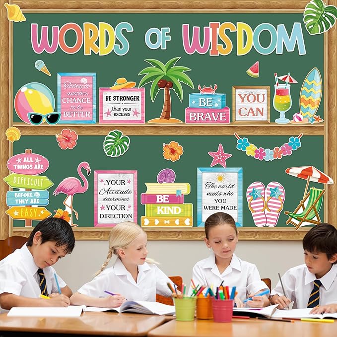 Mooliwe 57 Pcs Summer Bulletin Board Set Tropical Hawaii Inspirational Classroom Decoration Plant Surfboard Cutout for School Office Chalkboard Door Wall Decor