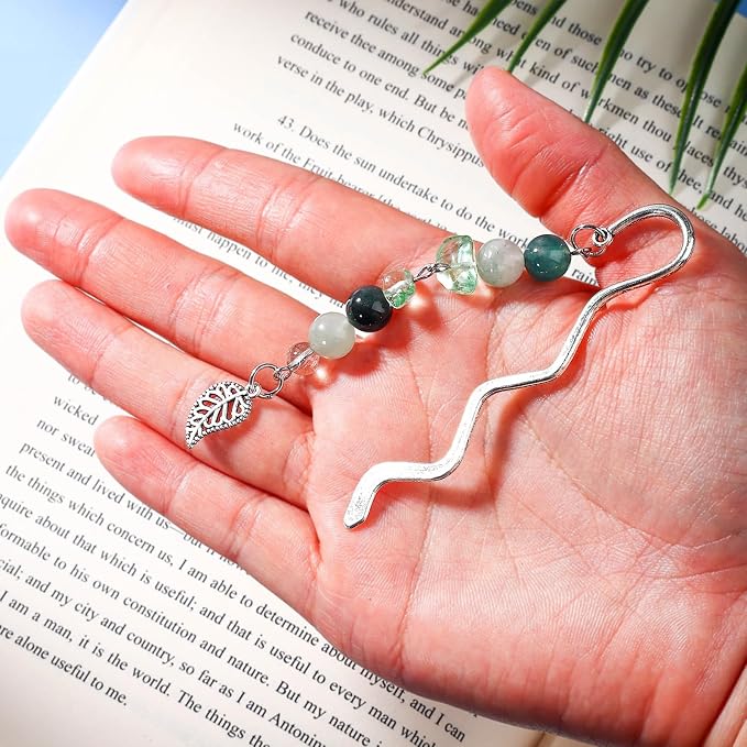 Vintage Metal Leaf Bookmark Pendant with Natural Crystal Bead Chain–Elegant Bookmarks for Women,Men,Book Lovers,Teachers and Students(Green Jade)