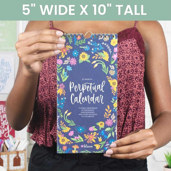 bloom daily planners Perpetual Hanging Flip Calendar - 5” x 10” - Monthly Wall Organizer Notepad for Important Dates, Birthdays, Anniversaries - Seasonal Florals