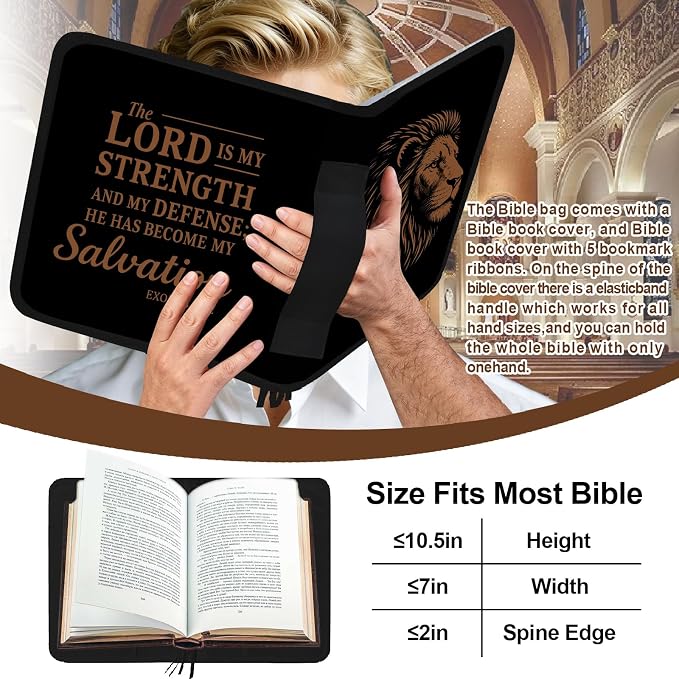 Lion Large Bible Cover Case for Men,Bible Bag for Boys,Bible Carrier,Bible Holder Organizer,The Lord is My Strength,Bible Study Supplies Journaling Kit With Highlighter,Tabs,Pen,Christian Gift