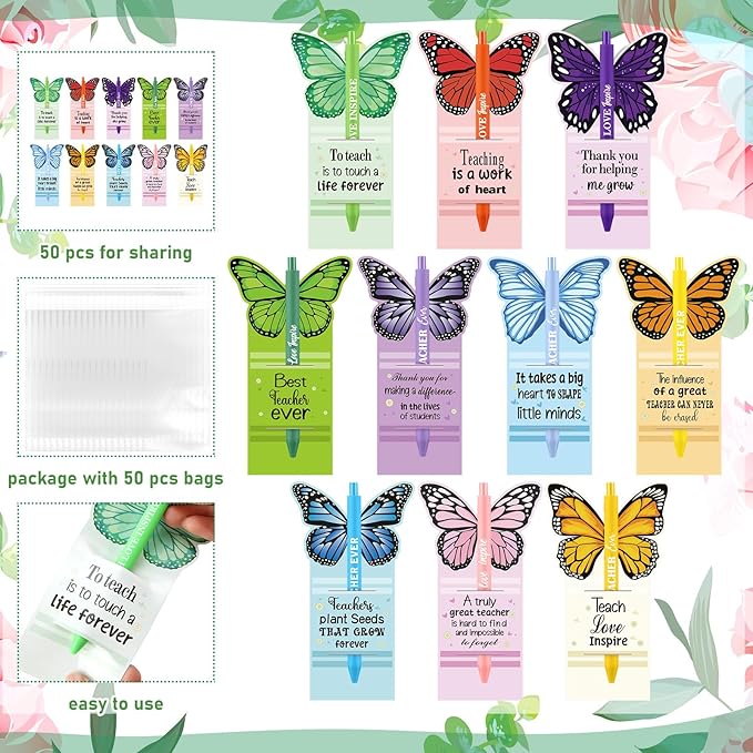 Fuyoooo 50 Set Teacher Appreciation Pens Bulk Thank You Gift Thank You for Helping Me Grow Inspirational Ballpoint Pens with Cards for School Office Supplies(Butterfly)