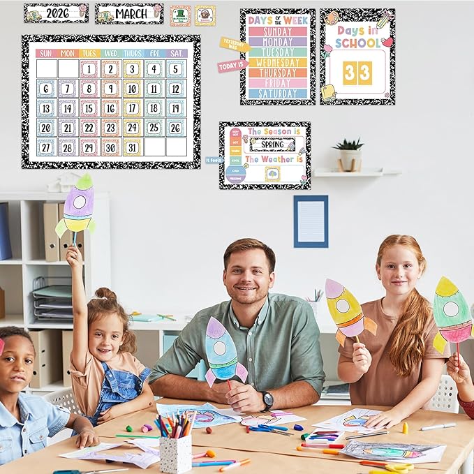 Whaline Composition Notebook Calender Bulletin Board Decorations Composition Classroom Calender Set with Chart Cutouts for Back to School Party Supplies