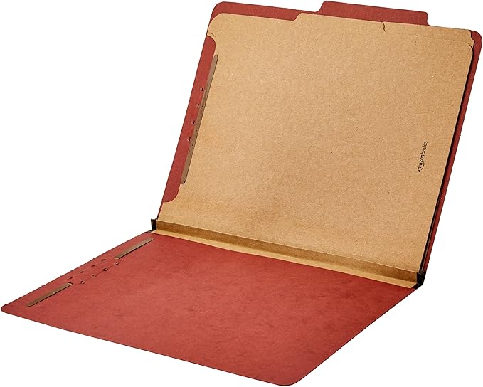 Amazon Basics Classification Folder with Prongs, Pressboard, 2 Dividers, 2-Inch Expansion, Letter Size, Red, Pack of 10, for Organizing Documents