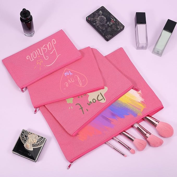 12 Pieces Cotton Canvas Makeup Bag, Multipurpose Cosmetic Bag with Zipper Travel Toiletry Pouch, Blank DIY Craft Bag (Hot Pink, XL)