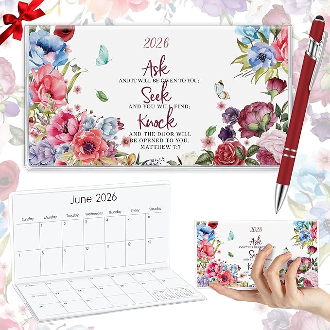 Gueevin 2026 Pocket Calendar for Purse with Pen Small Pocket Planner Handy Weekly Monthly Planner Journal Writing Notebook Valentine New Year Gift Sister Friend Women(Bible,Wine Red)