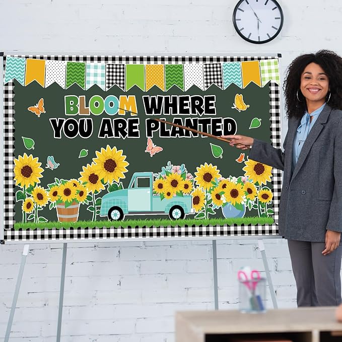 Spring Sunflower Bulletin Board Decoration Set Sunflowers Truck Cutouts Spring Motivational Sayings Butterfly Bulletin Board with Black Plaid Borders for Classroom Wall Door Decor