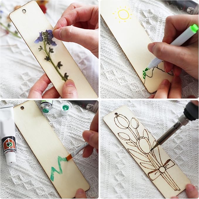 SWATOM Wood Bookmarks Blank DIY Semicircle & Rectangle Wooden Bookmark Craft Bulk 30 PCS Unfinished Wood Tags Rectangle Shape Ornaments with Holes and Tassels for Wedding Party Birthday Decoration