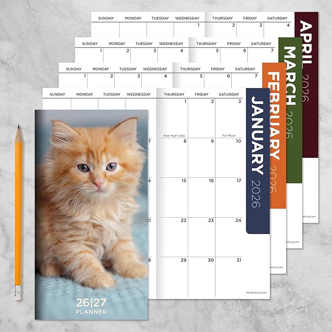 TF Publishing 2026-2027 Kitten Small Monthly Pocket Planner with 2 Page Large Calendar Grid and Lined Notes Section - 2 Year Pocket Calendar 2026-2027 Perfect for Purse - 3.5in x 6.5in