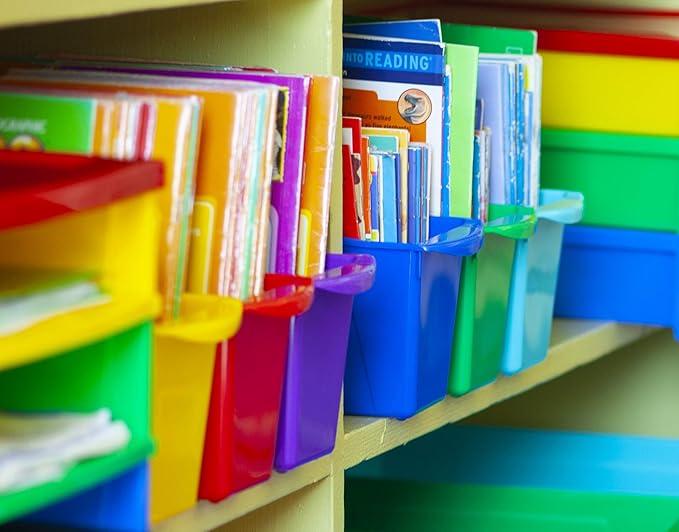 Storex Small Book Bin – Interlocking Plastic Organizer for Home, Office and Classroom, Assorted STEM, 6-Pack (70113A06C)