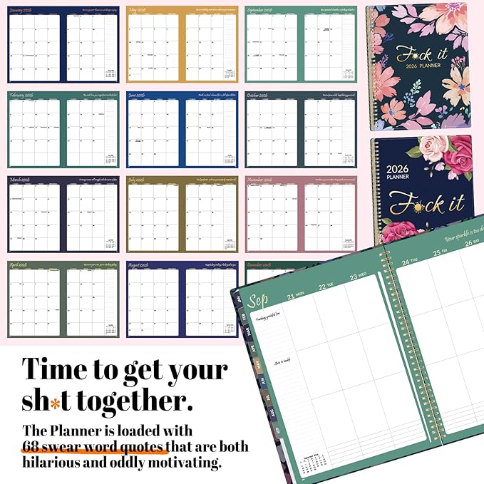 Fuck It 2026 Planner for Women, 8.5" x 11", 12-month Funny Weekly Agenda With Sweary Affirmation and Badass Quotations White Elephant Gifts- from January 2026 - December 2026, Blue Rose