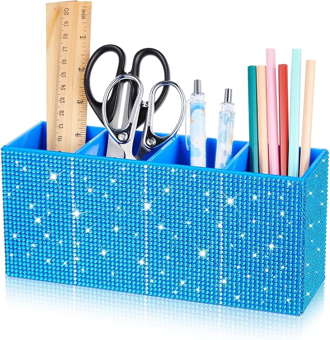 Bling Makeup Brush Organizer for Women, Rhinestone Desk Organizer Pen Holder, Girly Eyeliners Display Case for Vanity, Office, Elevate Your Workspace with Serenity(Rhinestone, Blue)