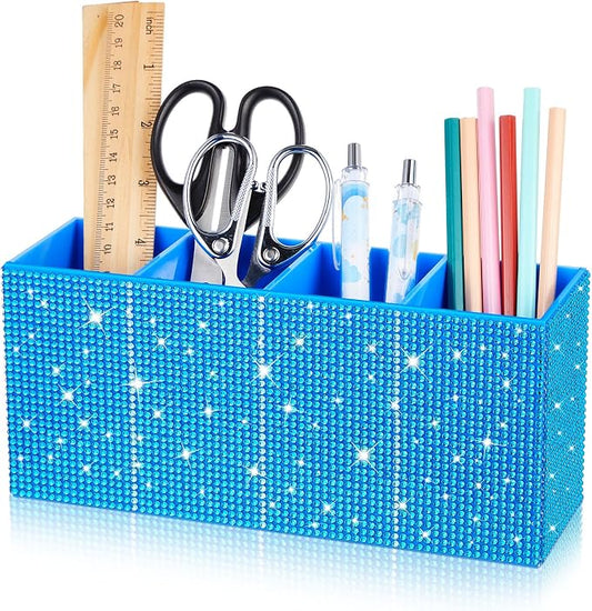 Bling Makeup Brush Organizer for Women, Rhinestone Desk Organizer Pen Holder, Girly Eyeliners Display Case for Vanity, Office, Elevate Your Workspace with Serenity(Rhinestone, Blue)