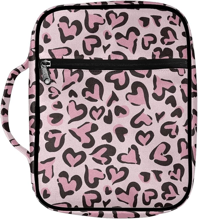 Coldinair Pink Love Leopard Print Bible Cover for Women Teens Kids,Durable Carrying Book Case Church Bag Bible Holder with Handle and Zippered Pocket
