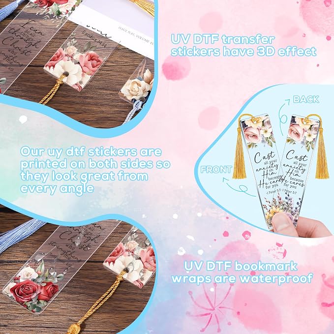UV DTF Bookmark Wraps - 24 Sheets Bible Verse UVDTF Decals for Acrylic Bookmark Blanks, Double-Sided Printing Christian Flower Affirmative Rub on Transfer Stickers for Book Lover DIY Crafts