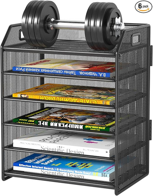 6 Trays Paper Organizer Letter Tray with Pull-Out Drawer, Assembled Mesh Desk File Holder, Metal Paper Sorter for Office Documents, Black