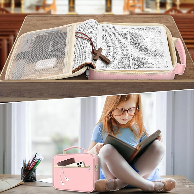 FINPAC Large Bible Cover w/Shoulder Strap, Carrying Book Case Church Bag Bible Protective w/Pen Slots and Zippered Pocket, Gift for Women Lady, Letter Pink