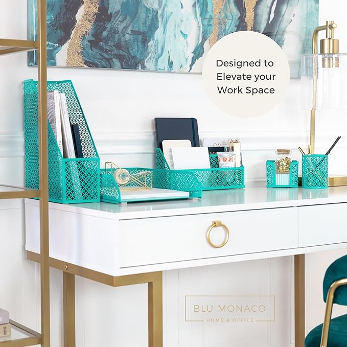 BLU MONACO | Dark Teal Desk Organizer Set 6 Piece | Mail Sorter Organizer Countertop with Standing File Organizer | Mesh Pen Holders Desktop Office Set