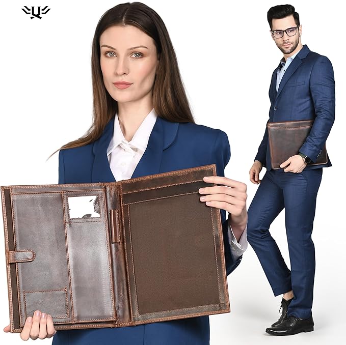 Leather Portfolio Binder, Professional Organizer Padfolio – Resume Folder, Business Card & Document Holder, Portfolios for Men & Women, Office & Business Supplies by LushLuxeoria | (Medium - Brown)