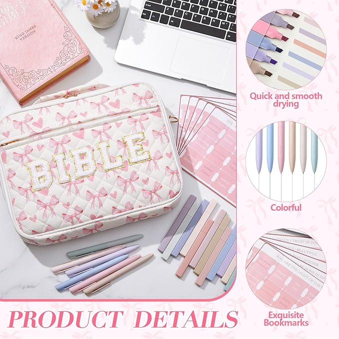 Sinload Quilted Bible Cover Case for Women 12 x 9 x 2.5 Inch Bible Chenille Letter Bag with Shoulder Strap Carrying Tabs 6 Colored Pens 12 Highlighters Christian Church Study Gifts(Pink,Love Bow)