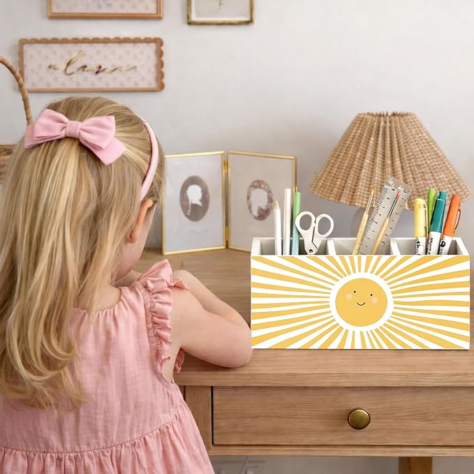 Cute Sun Desk Organizer, Wooden Pen Holder with Smiling Sun Design, Office Desk Accessories, Pencil Holder for Home, Study, School Supplies