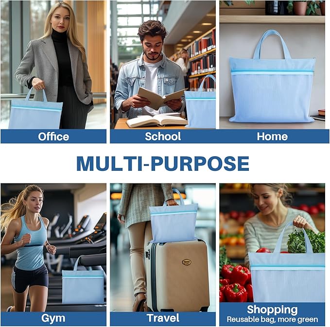 Mesh Zipper Pouch with Handle - 11 x 13.7 Inch Reusable Double Pocket Zipper Pouch, Foldable Nylon File Bag, Large Capacity Lightweight Document Storage for Puzzles Books Office Travel Shopping, Blue