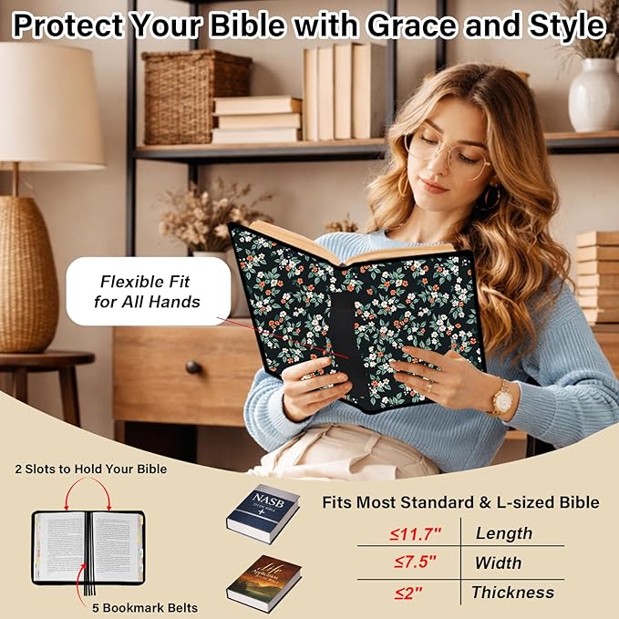 Large Bible Bags for Women Organizer with Bible Cover Case, Bible Cover with Shoulder Strap & Journaling Kit, Pens and Highlighters Cross Clip for Bible Study & Church, Gift for Mom - Flower