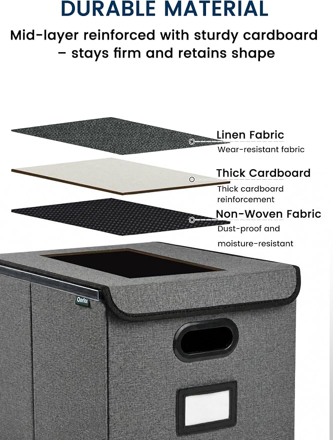 Qerlei File Organizer Boxes with Lids,Collapsible File Folder Organizer with Plastic Slide,Collapsible Filing & Storage Boxes for Office/Decor/Home (Drak grey, 2 Pack)